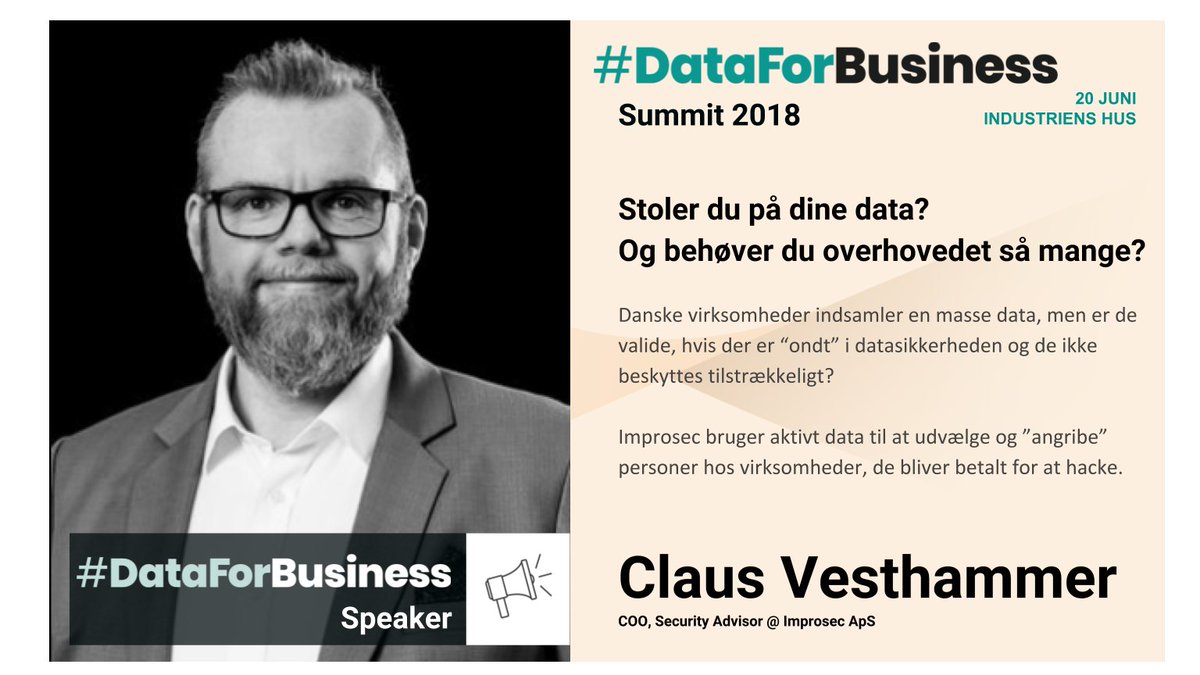 Networked Business (@netbusorg) on Twitter photo Bliver dine data brugt imod dig?
@vesthammer er fra <a href="/Improsec/">Improsec A/S</a>, som lever af at hacke virksomheder - på deres bestilling!
Hør mere om hans arbejde og tanker om datasikkerhed på #DFBsummit
Læs mere og tilmeld på dataforbusiness.org Bliver dine data brugt imod dig?
@vesthammer er fra <a href="/Improsec/">Improsec A/S</a>, som lever af at hacke virksomheder - på deres bestilling!
Hør mere om hans arbejde og tanker om datasikkerhed på #DFBsummit
Læs mere og tilmeld på dataforbusiness.org