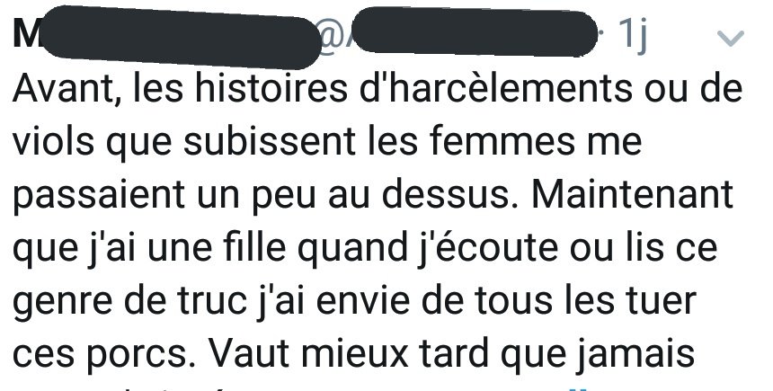 La_PetiteChose's tweet photo. Men are trash.
"avant rien à foutre que des femmes soient harcelées et violées. Mais maintenant que j'ai une fille, a moi, que ça me concerne donc parce qu'elle est à moi, là OK c'est mal" LITTÉRALEMENT.
Et après vous dites que les féministes caricature les mecs ? https://t.co/SoGzUtee1U