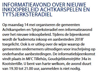 JanSytsma's tweet photo. Informatieavond voor ondernemers die meer willen weten van het nieuwe inkoop- en aanbestedingsbeleid van de gemeenten @tdiel en @achtkarspelen. https://t.co/IdrexbzhNe