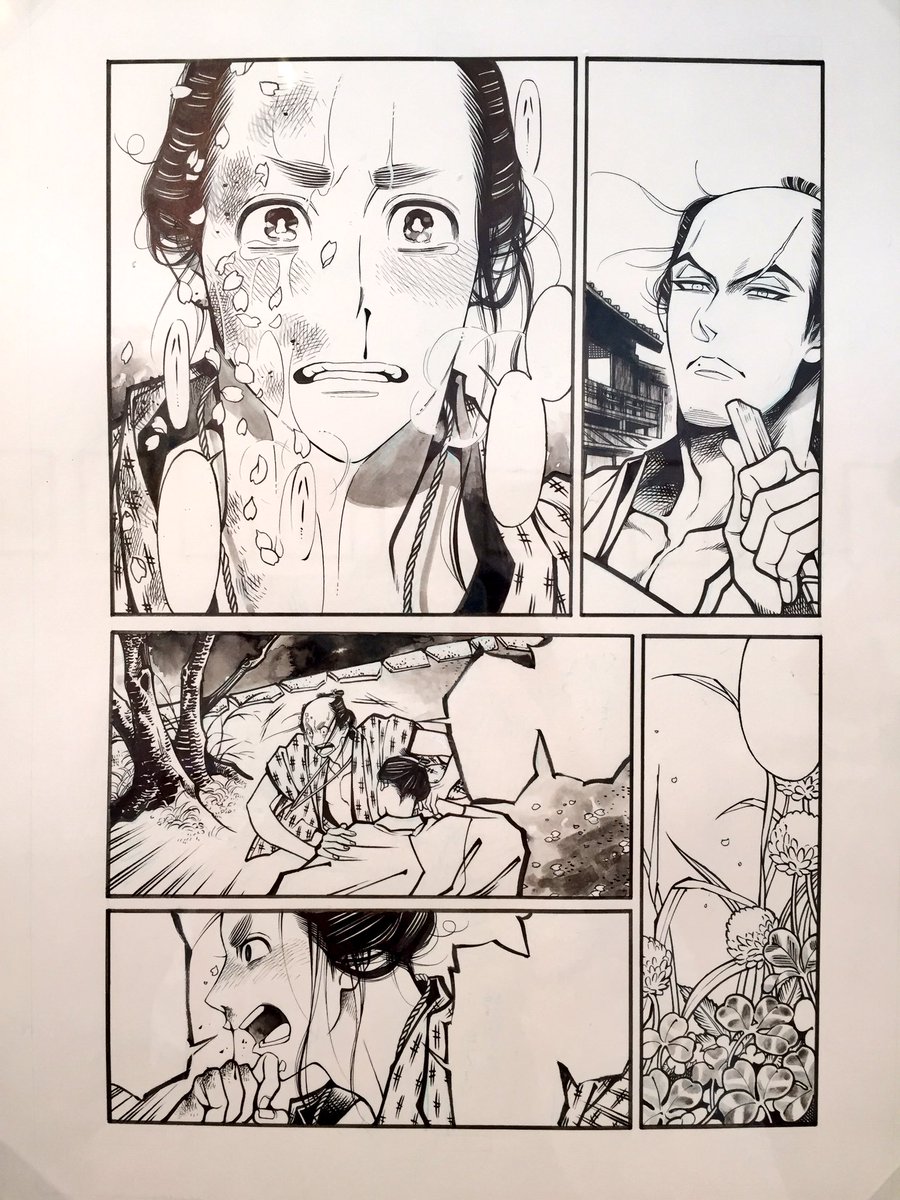 先日は紗久楽さわ先生の原画展に行ってきましたよ……?すごいので見てくださいな。2枚目の生線画のこの美しさとはくりょく。薄墨がきれいなんです、これ、原稿用紙なんですよ!3枚目は複製原画のコーナー、カラーも美しい!このカラーの生線画もあるので見比べると最高に贅沢です❤️ 