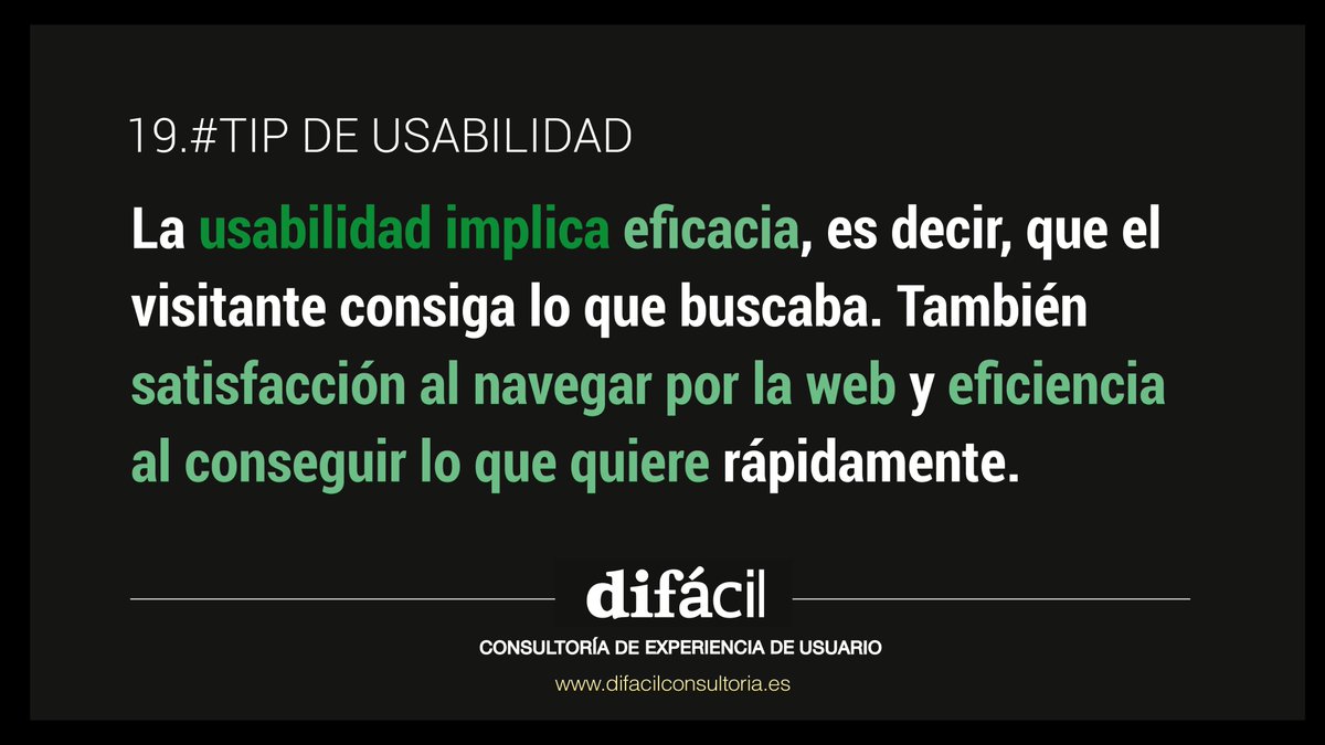 Difacil_UX's tweet photo. 🚩#Consejo: La usabilidad implica eficacia, es decir, que el visitante consiga lo que buscaba. También satisfacción al navegar por la web y eficiencia al conseguir lo que quiere rápidamente. #Difacil #TipUsabilidad #ux #usabilidad https://t.co/3RTygK015H https://t.co/hjpVXXQRNw
