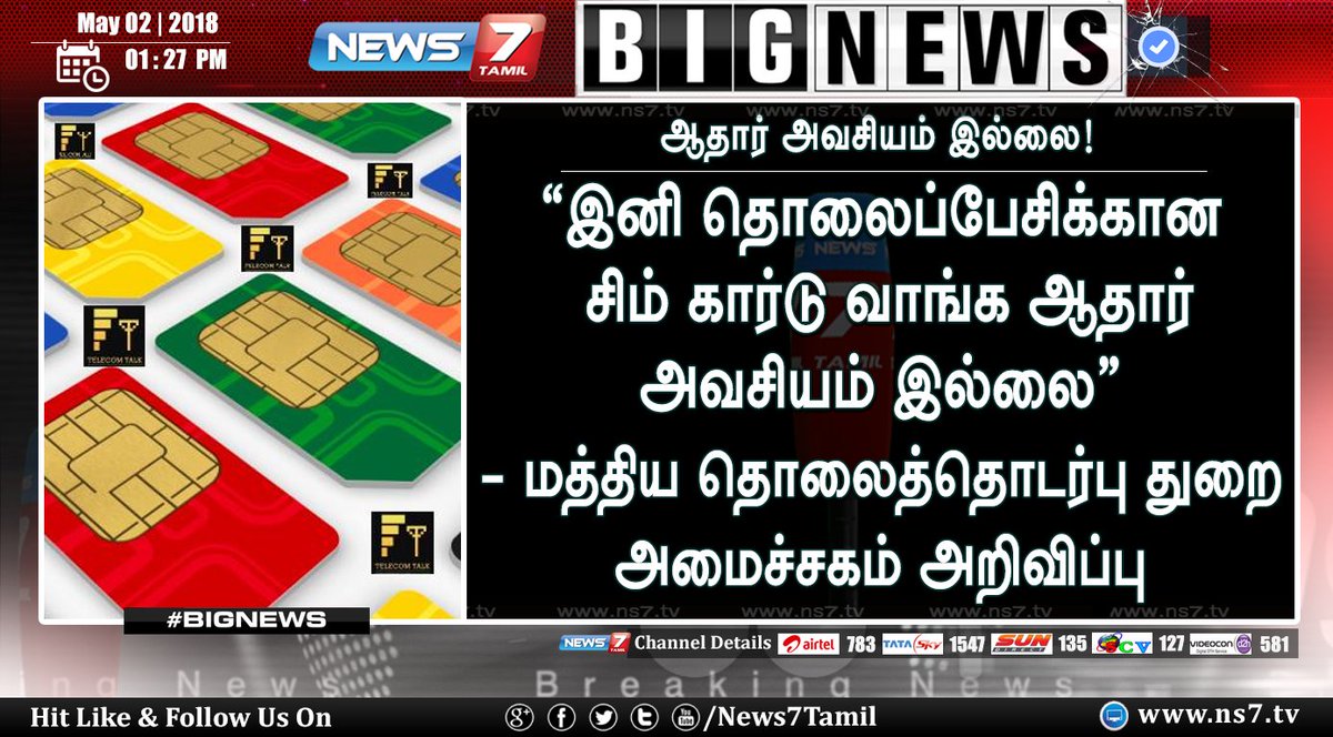 news7tamil's tweet photo. ► இனி தொலைப்பேசிக்கான சிம் கார்டு வாங்க ஆதார்
அவசியம் இல்லை - மத்திய தொலைத்தொடர்பு துறை
அமைச்சகம் அறிவிப்பு..!

https://t.co/5wMBD3FLqB | #SimCard | #AdharCards https://t.co/0S6xy5TFZE