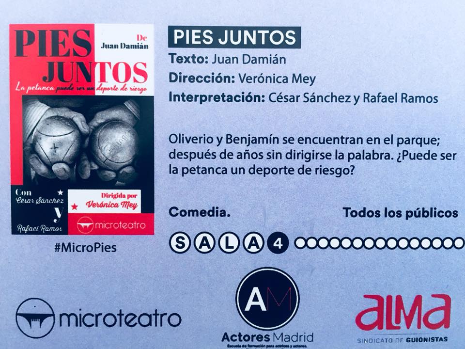 VernicaMey's tweet photo. Muy feliz con nuestro estreno ayer en @microteatro de la obra #piesjuntos, escrita por Juan Damián, gracias al Sindicato @almaguionistas y su colaboración con #microfusion y como, no, gracias infinitas a César Sánchez y Rafael Ramos por ponérmelo tan fácil. Os esperamos! https://t.co/8u5kRX9jMx
