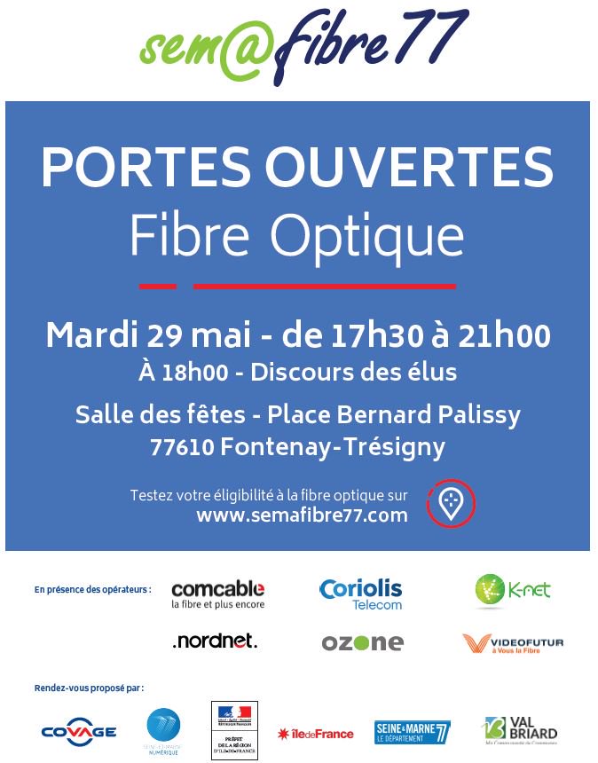 Semafibre77's tweet photo. RDV le 29/05 à Fontenay-Trésigny (77610) aux Portes Ouvertes sur la #fibre #FttH . Venez rencontrer les opérateurs ! #comcable @CoriolisTelecom @knetfr @NordnetOFFICIEL #ozone @Videofutur https://t.co/tcfHCqSxks