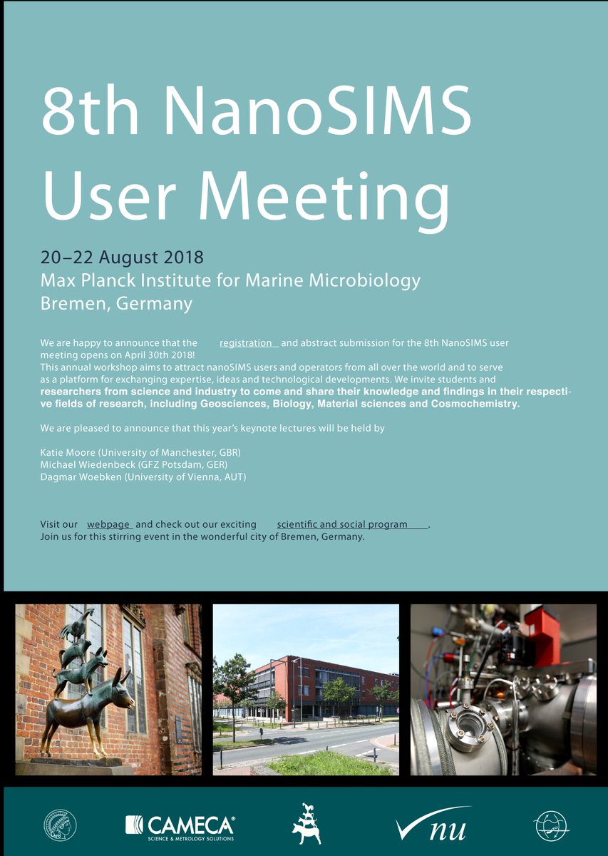BiogeoMPIBremen's tweet photo. Registration for the 8th #NanoSIMS User Meeting at @MarineMicrobio is open now! The #workshop takes place in #Bremen from the 20th to the 22nd of August this year.
Register here: https://t.co/BYyqlIrsqN
#BGCMax #Sciencemeeting #singlecell https://t.co/GA76AdHvGb