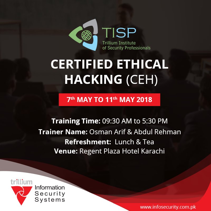TrilliumInfosec's tweet image. Trillium Information Security Systems is organizing a Certified Ethical Hacking (CEH) Training in Karachi. If you&apos;re interested in attending the training and certification course please click on the following link to register yourself:

goo.gl/L6fFdw