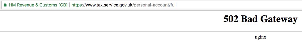 tEeJ1980uk's tweet photo. @HMRCcustomers Hello. Is your online service down please?

"502 Bad Gateway
nginx" https://t.co/XkQw8tx6Tf