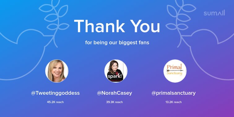 Our biggest fans this week: @Tweetinggoddess, @NorahCasey, @primalsanctuary. Thank you! via sumall.com/thankyou?utm_s…