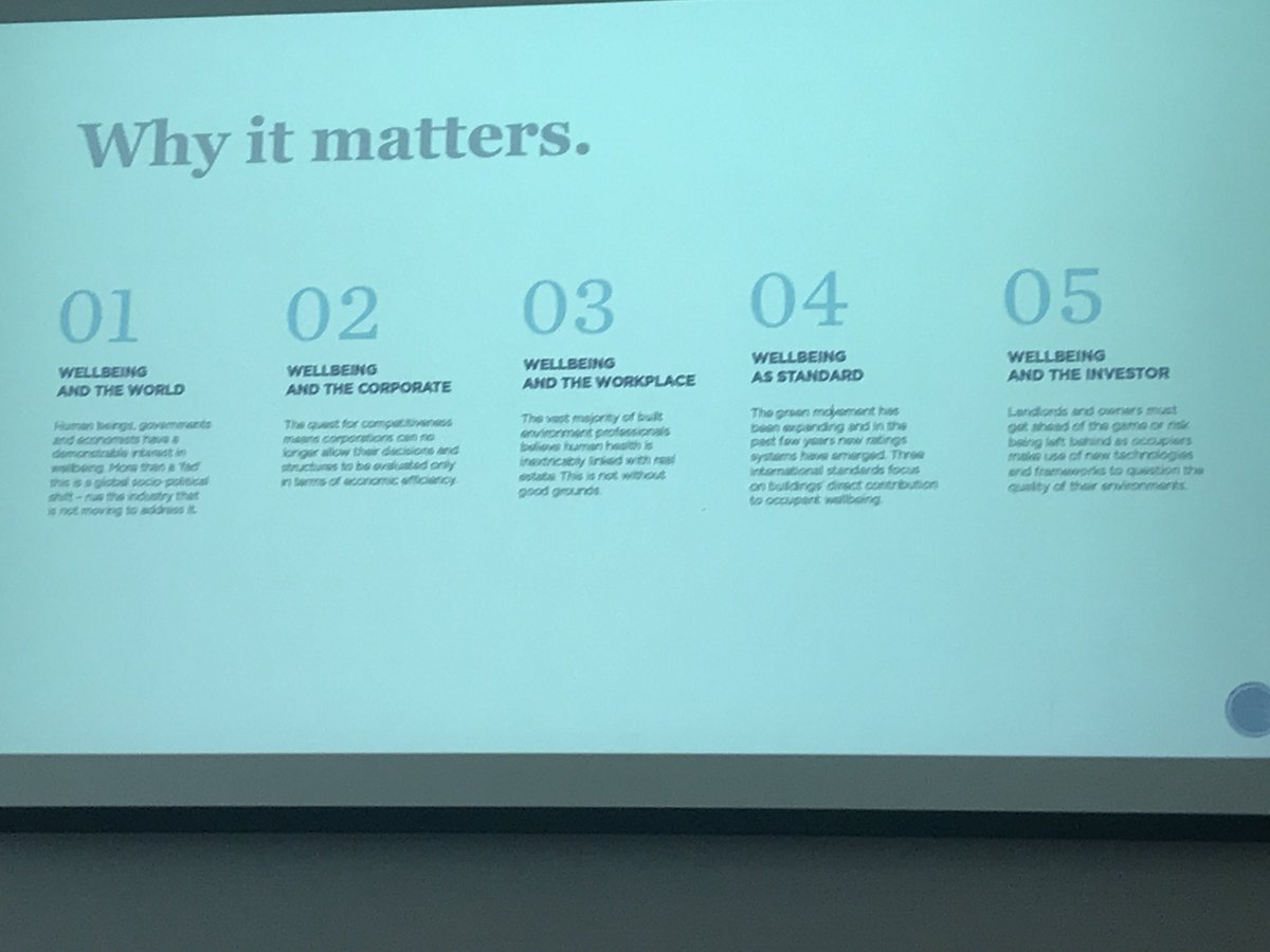 CushWakeUK's tweet photo. Next up @SophyMoffat introduces the importance of the #wellworkplace and how landlords and corporate occupiers need to refocus on human happiness and not £ per sq ft #propertyoutlook https://t.co/rujWiikvlm