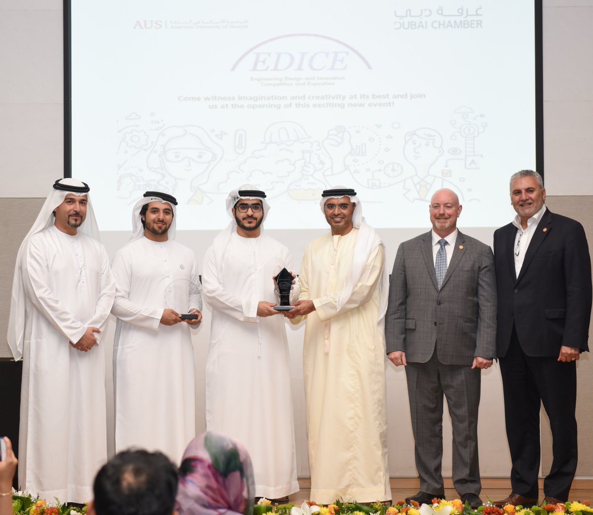 AUSharjah's tweet photo. Big congratulations to our #ComputerScience #Engineering students Abdalla AlShamsi, Abdulla Ahli @AbdullaNAhli, Mohammed AlMarashda @almarashda & Saud AlQasimi for winning the grand prize at the First Annual Engineering Design and Innovation Competition and Exposition (#EDICE)! https://t.co/zcpP6BZIaU