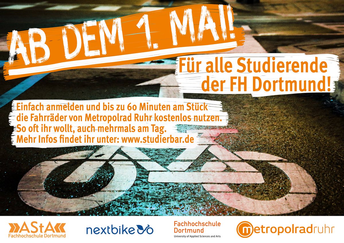 fh_dortmund's tweet photo. Ab sofort können sich alle FH-Studierenden die Räder von „Metropolrad Ruhr” 60 Minuten am Stück kostenlos ausleihen! 🚲 Danke, @AStA_FHDO! 🧡 https://t.co/v95SsyZo3X https://t.co/AxlGG6F2XL