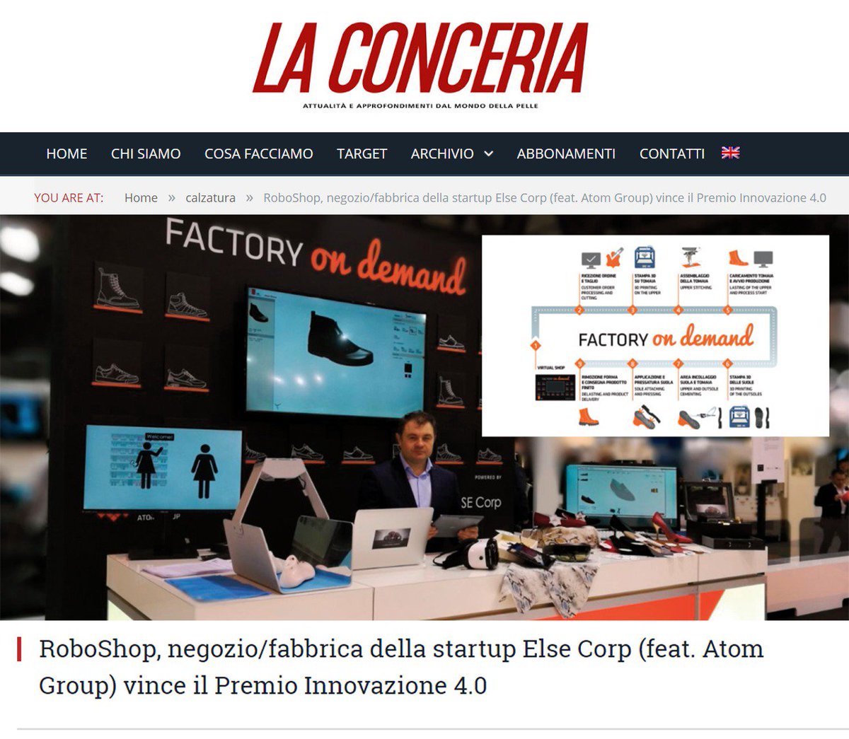 ELSECorp's tweet photo. Su @laConceria un articolo riguardante #ELSECorp e il suo progetto "Il Futuro delle Calzature: da RoboShop a Factory on Demand", in collaborazione con #ATOMLab, che ha vinto il Premio Innovazione 4.0 categoria Start-up, organizzato da @EventoAeT
👉🏻https://t.co/2IRRc9DAJC https://t.co/GTkIOVrhot