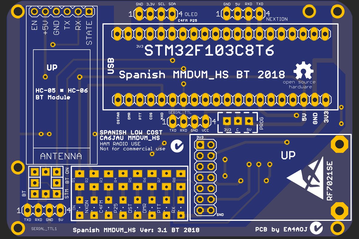 ea4aoj's tweet photo. Pruebas exitosas con la #MMDVM_HS Bluetooth, programación del STM, programación del módulo y comunicación del STM con el BT según configuración en jumpers de la placa en la parte inferior !! https://t.co/PxAvnXtoxw