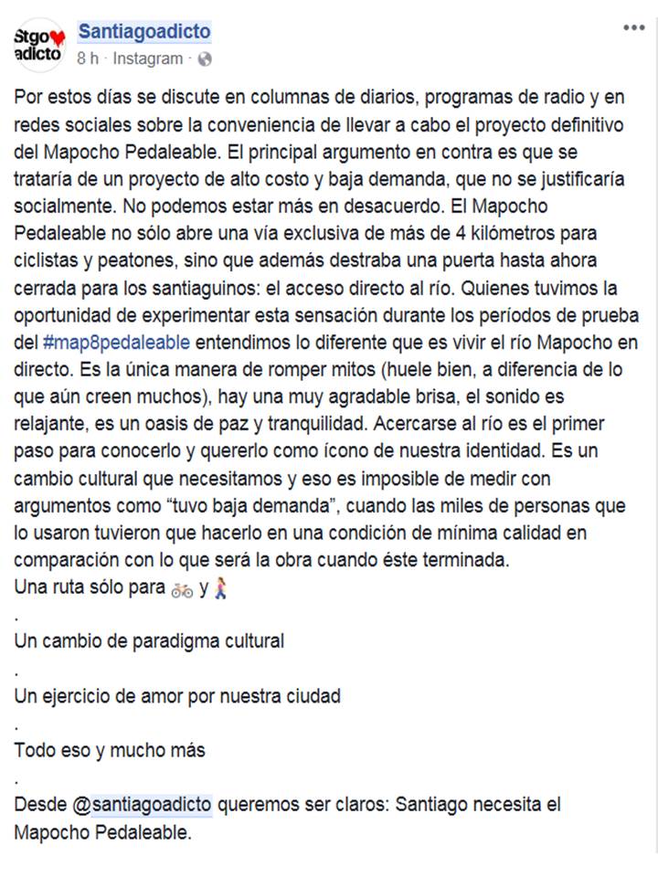 El #MapochoPedaleable no sólo abre una vía exclusiva de más de 4 kilómetros para ciclistas y peatones, sino que además destraba una puerta hasta ahora cerrada para los santiaguinos: el acceso directo al río. 🚲🚶‍♀️
Vía <a href="/santiagoadicto/">santiagoadicto</a> >> web.facebook.com/search/top/?q=…