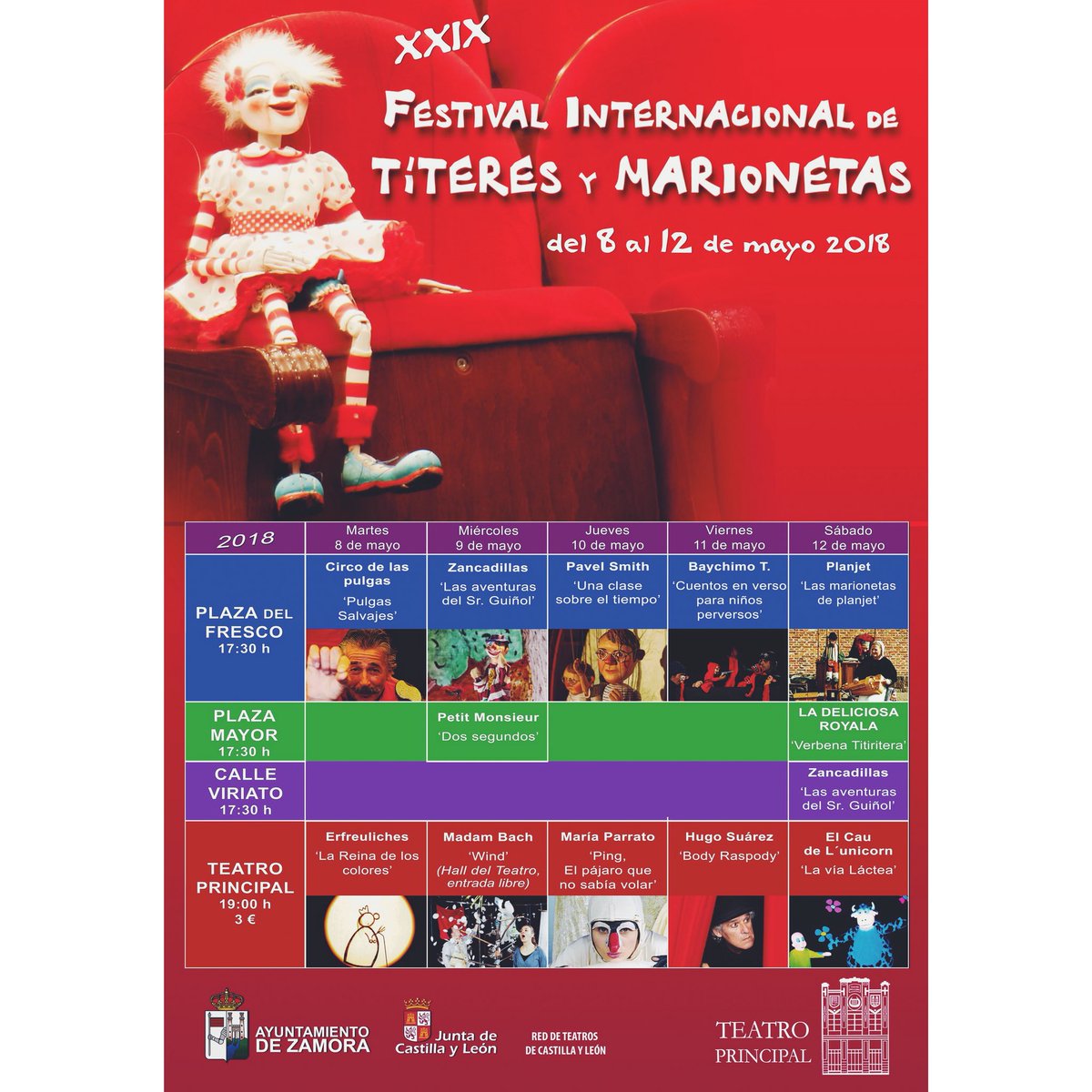 PrincipalZamora's tweet photo. Casi 30 años alimentando la ilusión de pequeños y mayores, las mejores Compañías de este sector, nos acercan a la cultura de mundo a través de los Teatros de Marionetas. Del 8 al 12 de mayo: Festival Internacional de Títeres y Marionetas en su 29 edición. Localidades a la venta https://t.co/3IthRtBKgk
