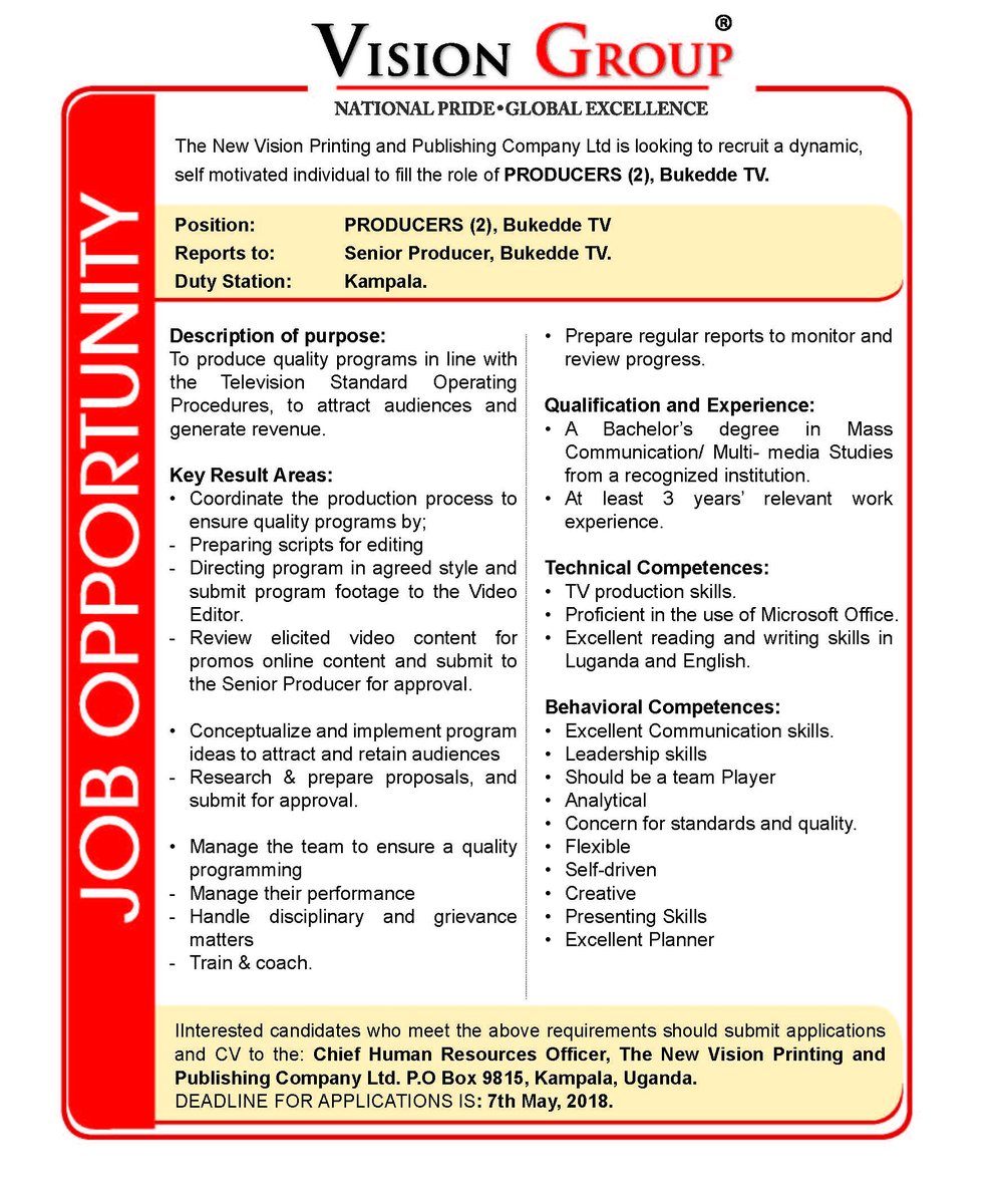 new vision uganda s tweet we re hiring we re hiring producers for