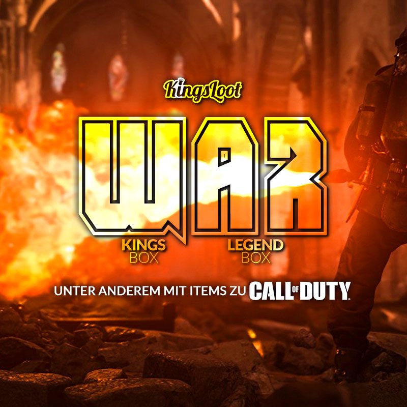 KingsLootDE's tweet photo. Es herrscht Krieg! Die @KingsLootDE -Gilde wagt sich in die umkämpften Gebiete, um der einen oder der anderen Seite hilfreich beizustehen. 

Freut euch unter anderem auf Items zu @CallofDuty 🔫

Nur im MAI bestellbar!

#KingsLoot #War #CallofDuty #KingsBox #LegendBox #ShirtBox https://t.co/mfzfVDvePP
