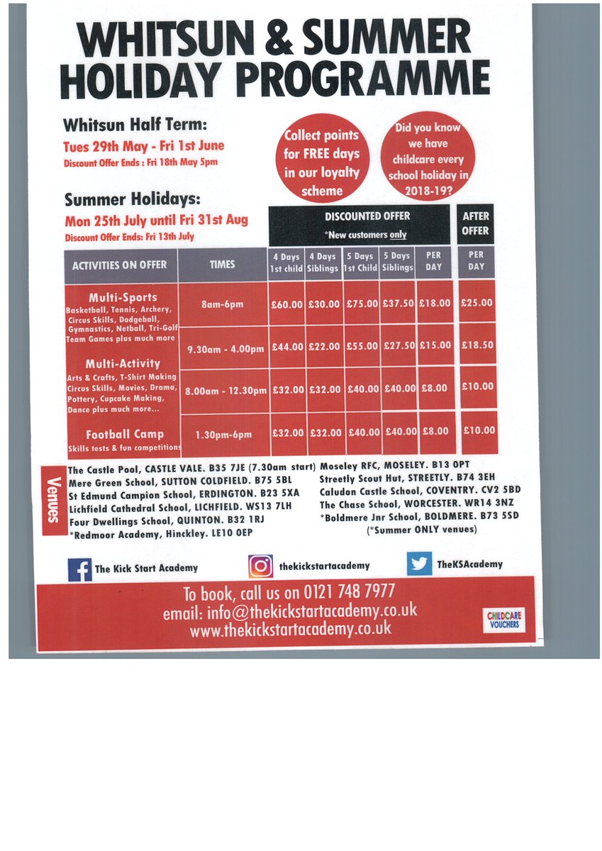 fdacommunity's tweet photo. Book up quick for the Whitsun Holiday Camp from @TheKSAcademy - Tues 29th May to Friday 1st June @FourDwellings. Call 0121 7487977 for details https://t.co/noScbsWqVm
