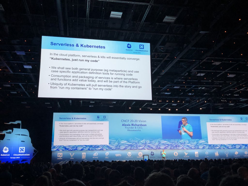 maximilien's tweet photo. “#Kubernetes, just run my code” is the #CNCF #Haiku. 

No credit to @OnsiJoe on stage but we know. Good mottos have a way of becoming common language #Cloudfoundry pioneering cloud native https://t.co/kIuFHUqrNC