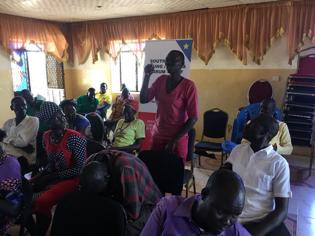 AjakPeter's tweet photo. One woman shared that she had lost her father during the liberation war, and her brother and her husband to the ongoing civil war. Young people are dying in large numbers and politicians are busy looting the country. #SSYLF meeting in #Nyamlel #SouthSudan https://t.co/mkl1rHdZFk