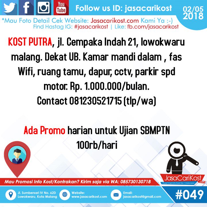 jasacarikost's tweet photo. HasTag: #jasacarikost #infokost #infokostmalang #mahasiswaum #anakkost #kampusmalang #infokontrakan #infokos #infoUB #malang #kostputri #putrimalang #kostcewek #latepost #kostputra #putramalang #kostcowok #mahasiswamalang #infomalang https://t.co/BcK9DiNZ2B