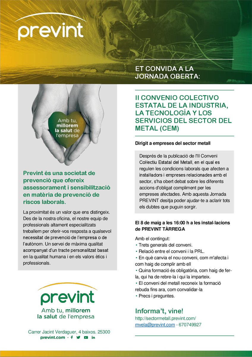 Prevint's tweet photo. El pròxim 8 de maig #Prevint us convida a les jornades obertes que realitzarem a les instal·lacions de #Tàrrega (16.00 h) i #Lleida (10.00 h) sobre el II Conveni Col·lectiu Estatal de la Indústria, la Tecnologia i els Serveis del Sector del #Metall (CEM) https://t.co/C18JNun3a2