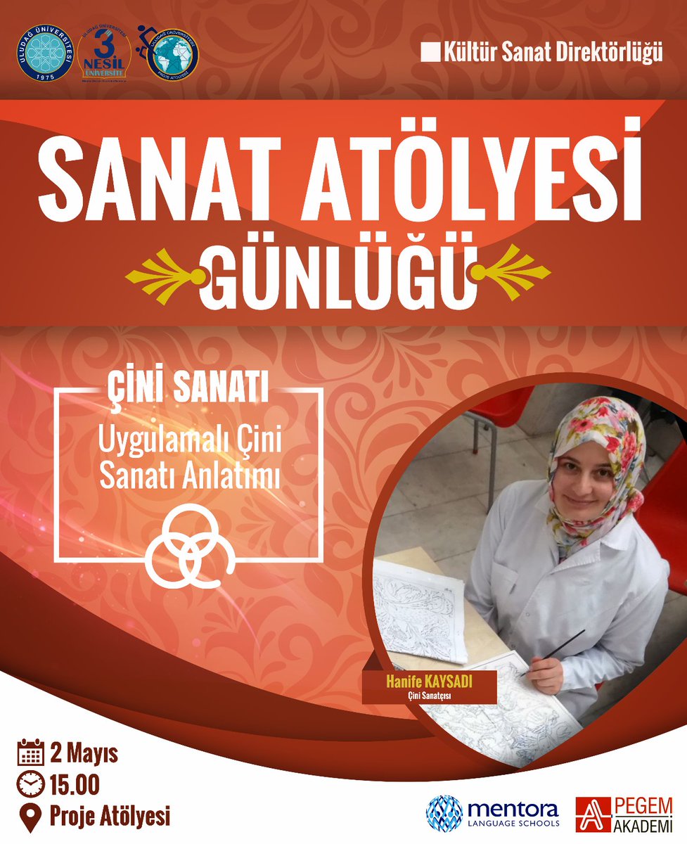 uludagproje's tweet photo. Proje Atölyesi Kültür Sanat Direktörlüğü tarafından düzenlenen "Sanat Atölyesi Günlükleri" etkinliğimizde Çini Sanatçısı Hanife KAYSADI ile 2 Mayıs saat 15.00 de Çini sanatının tanıtımını ve uygulamasını yapacağız.

#UludağÜniversitesi #ProjeAtölyesi https://t.co/h8PJ6eGVE9
