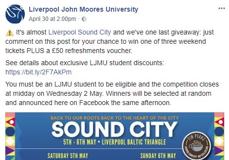 LJMUStudentOpps's tweet photo. Woaaaah have you seen this competition @LJMU are running for students on Facebook?! Ends midday today so go and enter now 👇🤩 https://t.co/e3zWkzFn4q