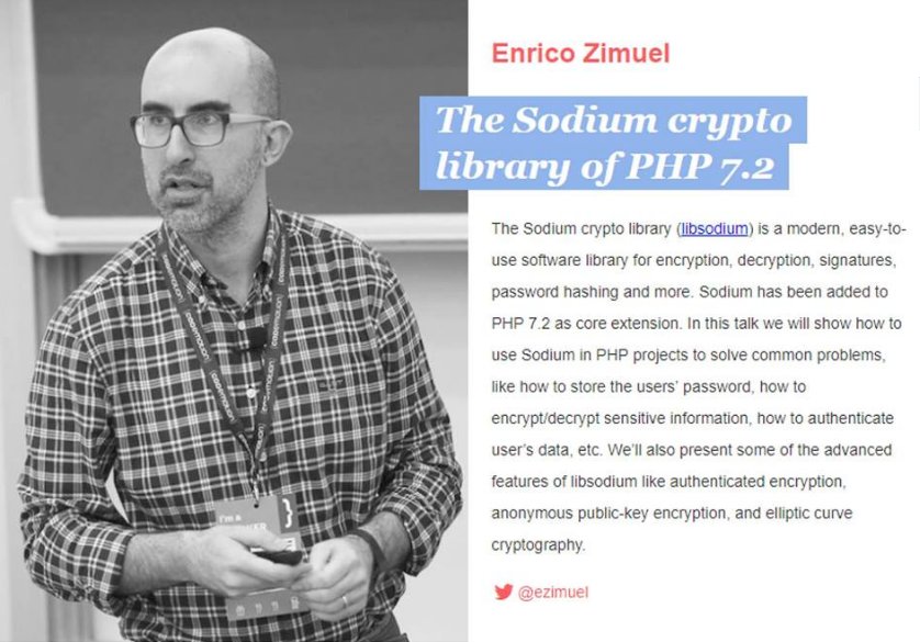 Enrico Zimuel @ezimuel autore del libro Sviluppare in #PHP 7 sarà un relatore al <a href="/phpday/">phpday | 16-17 May 2024 | Verona</a> 2018. Maggiori informazioni su 2018.phpday.it