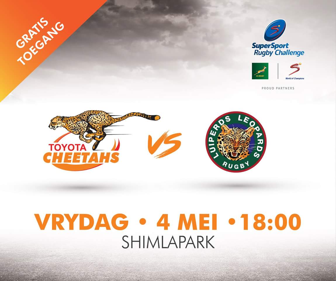 Toyota Vrystaat XV pak Vrydag, 4 Mei die Luiperds op Shimlapark 
⏱18:00 
🔉Toegang is gratis.

Volg die wedstryd op Facebook en Twitter #BornToRugby
<a href="/rugbychallenge/">SS Rugby Challenge</a>