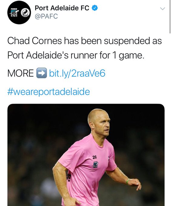 This made me LOL, &ldquo;our runners been suspended&rdquo; then the big proud hashtag #weareportadelaide ...yes,<a href="/tag/weareportadelaide"class="tags"><span>#weareportadelaide</span></a>