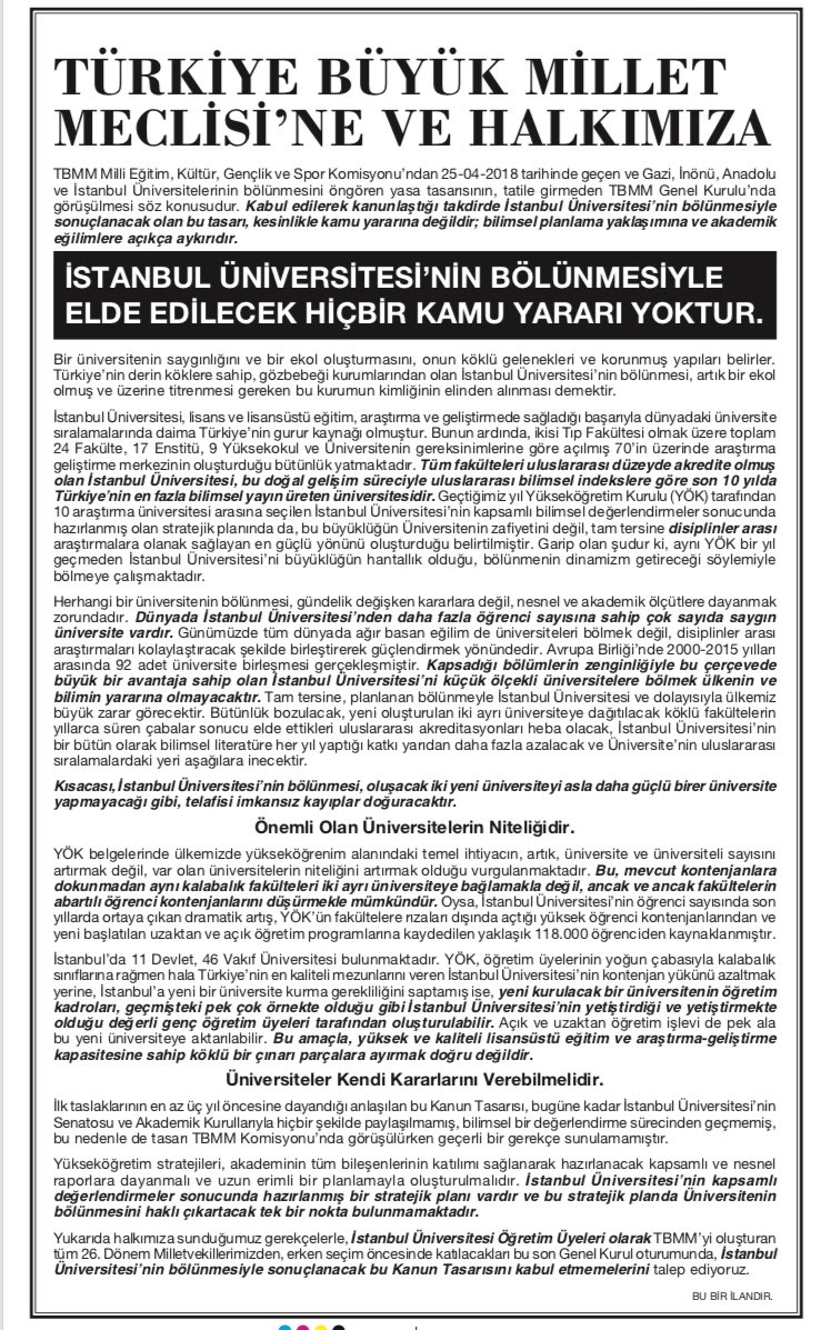 İstanbul Üniversitesi öğretim üyelerinin imzasıyla “TBMM Üyelerine ve Halkımıza” başlığı altında Cumhuriyet gazetesinde çıkan tam sayfa ilan