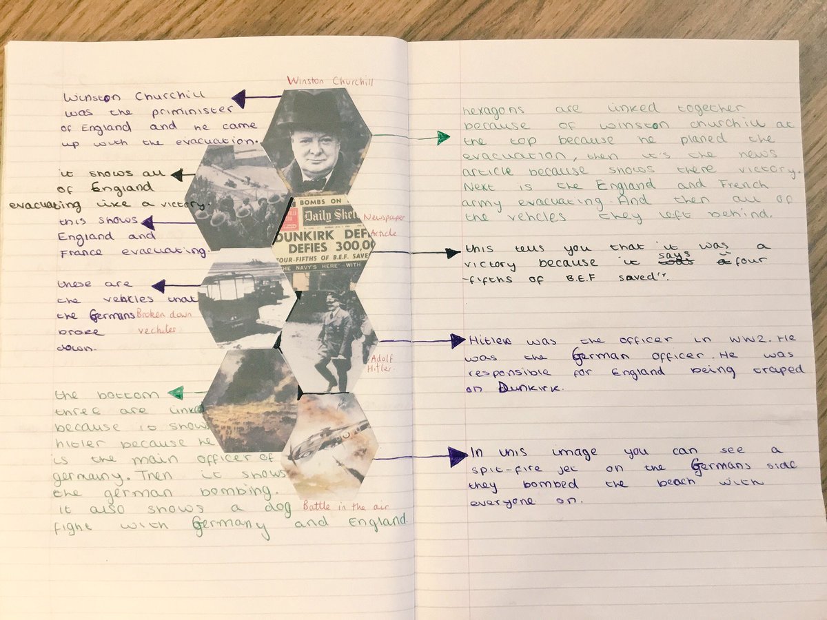 MissShaw1991's tweet photo. It wouldn’t be history with Miss Shaw without a hexagon lesson. Year 9 visual hexagons on whether Dunkirk was a victory or a deafeat. #historyteacher #visualhexagons https://t.co/8dGElerqhP