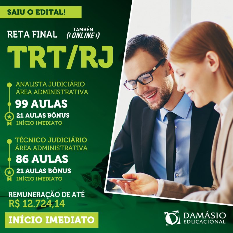 damasioaracatub's tweet photo. Saiu o #edital do #TRT 1ª Região! E o Damásio preparou cursos específicos para cada cargo, com a abordagem de todas as disciplinas.
Compre agora o seu! >> whatsapp 99141-8872 ou ligue 3301-2939.
#araçatuba #concursoTRT #aprovação https://t.co/2bl3Dp9uY1