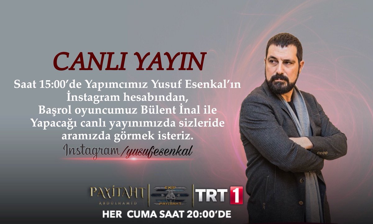 payitahtTrt1's tweet photo. CANLI YAYIN🗣
Bugün Saat 15:00’de Yapımcımız @YusufEsenkal , 
Hilal bakışlımız @Blntinal ile canlı yayında sizlerle olacak..

CANLI YAYIN adres👇
https://t.co/4tNsrW8kAW https://t.co/Orcbx80CyO