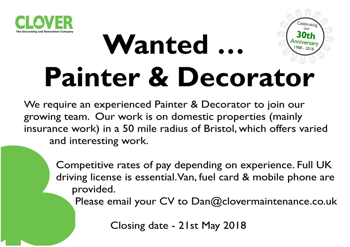 CloverKeynsham's tweet photo. A great opportunity for a Painter &amp; Decorator in the Bristol/Keynsham/Bath area. https://t.co/PR7CbABvcQ