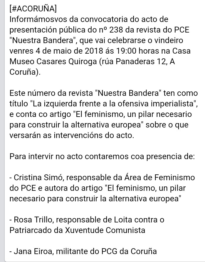 PCGalicia's tweet photo. [#ACORUÑA]
Presentación #NUESTRABANDERA venres 4 Maio, 19:00 horas na #CasaCasaresQuiroga #LaIzquierda      frente a la ofensiva imperialista #Feminismo para construir la alternativa europea https://t.co/0BOkvA0S44