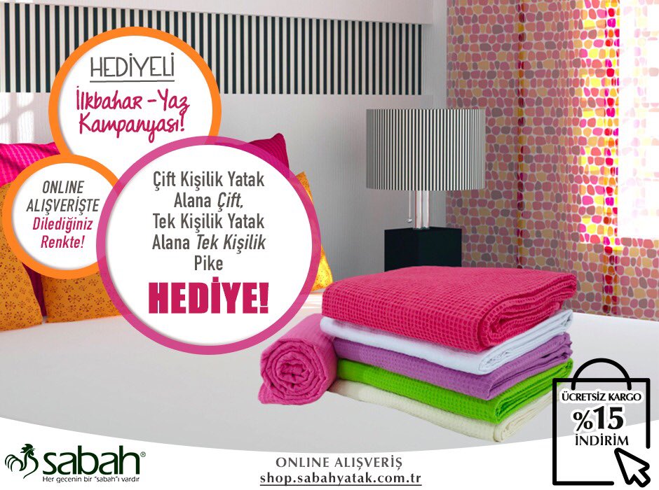 Yatak odanıza renk katacak hediyeli ilkbahar-yaz kampanyası başladı! Şimdi “hediyeli” etiketli çift kişilik yatak alana çift, tek kişilik yatak alana tek kişilik pike hediye!
🔻🔻🔻
🛒shop.sabahyatak.com.tr