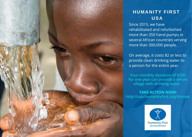 HFUSA's tweet image. Clean drinking water prevents diseases &amp;amp; deaths specially in children. It costs @HFUSA less than $2 to provide a person with clean water for a entire year. You can&apos;t go wrong with this kind of math? Save a life or two today &amp;amp; make it your monthly habit @ usa.humanityfirst.org/donate