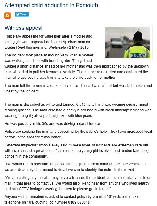 DC_Police's tweet photo. Police are investigating reports of an attempted child abduction in Exmouth which happened at around 9am on Wednesday 2 May 2018. Did you witness anything?  https://t.co/eva32aIztr https://t.co/fD00m4m0n2