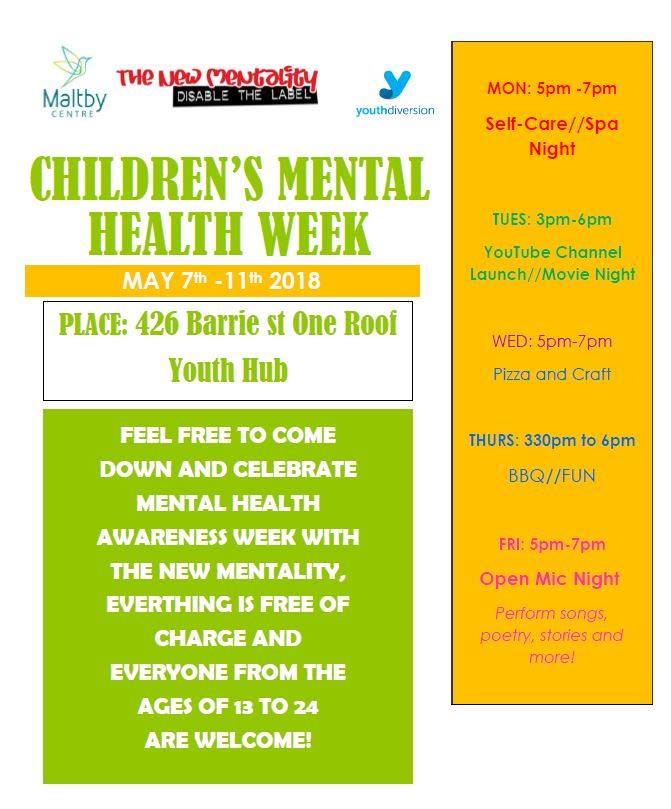 Monday is the kick off to Children's Mental Health Week. Check out all the amazing things happening at One Roof next week thanks to the The New Mentality group and staff from <a href="/YouthDiversion/">Youth Diversion</a> and The Maltby Centre! All youth 13-24 are welcome!  #getloud #shinegreen