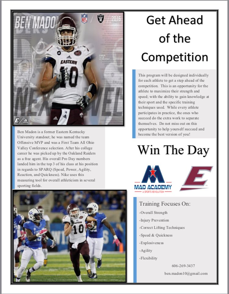 MAD_Academy's tweet photo. How did this Mountain Boy make it to an NFL training camp? We are pumped to promote this local development opportunity! Let Ben coach you up this pre-season... He is taking clients now! Info in flyer. #HarderWork #HigherGoals https://t.co/5l26gGrXgY