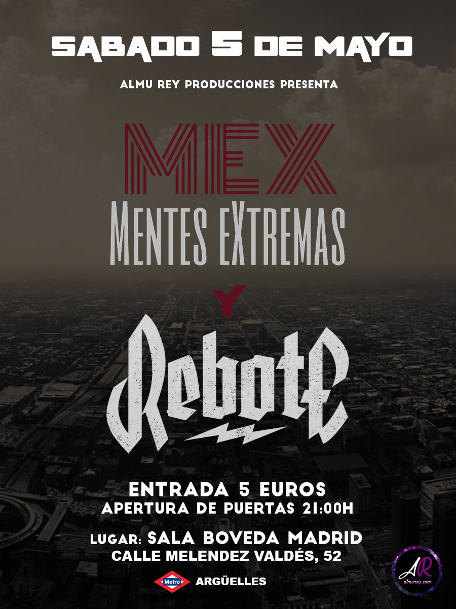Este sábado 5 de Mayo volvemos a los escenarios junto a <a href="/MenteseXtremas/">Mentes eXtremas</a> de Canarias. Lugar Sala Boveda Madrid (Calle Melendez Valdés 52). Apertura 21:00H. Solo 5€. Te esperamos. #Metal #Madrid  #conciertazo #Eventos #Rebote #conciertos #rock <a href="/MetalEspaol/">Metal Español</a>