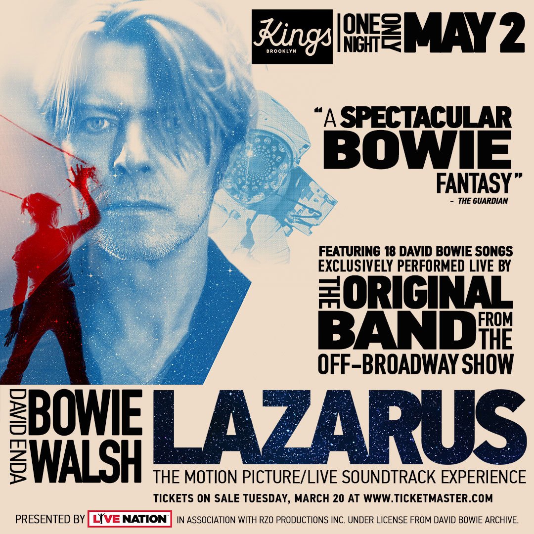 DavidBowieReal's tweet photo. Still some tickets available for tonight’s Lazarus motion picture live soundtrack experience in Brooklyn, featuring an exclusive performance by the original band from the off-Broadway show by David Bowie &amp; Enda Walsh: https://t.co/1X4XxB0hkd Press release: https://t.co/SzVWPd6zB3 https://t.co/8oc5FKF8TX
