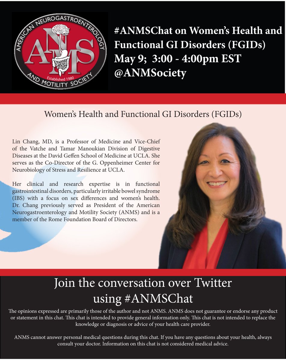 ANMSociety's tweet photo. Our next Twitter Chat is with Dr. Lin Chang on Women's Health and Functional GI Disorders (May 9th: 3-4pm EST).  Dr. Chang is a Professor of Medicine at @UCLA &amp; has clinical research expertise in #FGID's, sex differences in #IBS &amp; women's health.  Use #ANMSChat to follow along. https://t.co/wBxy4brJZt