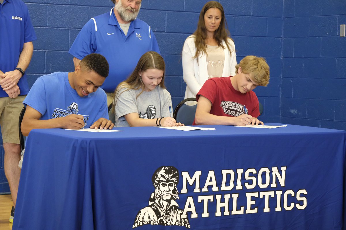 Congratulations to Kobi Alexander Basketball EMU), Makayla Taylor (Soccer EMU) and Ben Dillon (Swim Bridgewater) on their signing day. #madisonpride