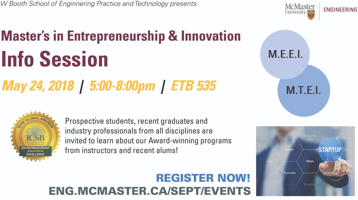 McMasterBTech's tweet image. Join us to learn more about the W Booth Master's in Entrepreneurship &amp;amp; Innovation! eng.mcmaster.ca/sept/events/ma…