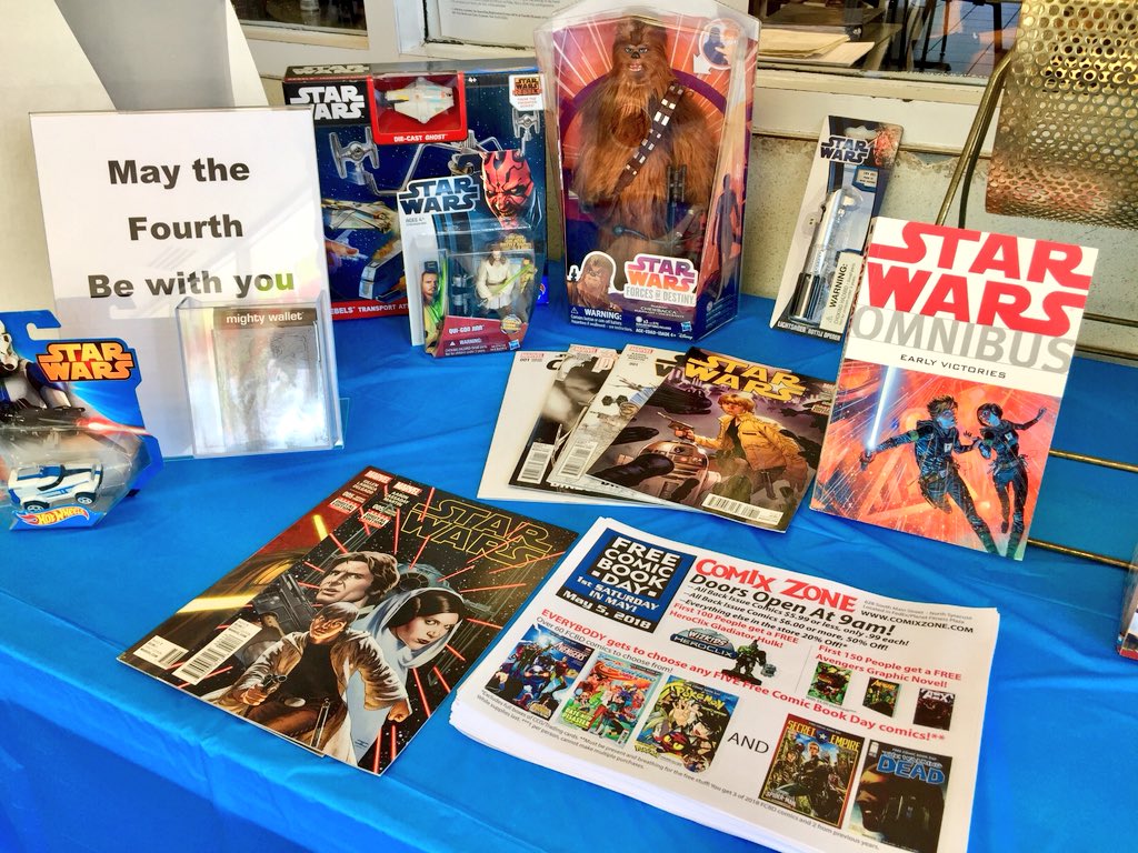 FUCCILLOSYRHYUN's tweet photo. Our May The Fourth Be With You Giveaway started today! Stop in and sign up to win all this #starwarsmerchandise No purchase necessary! The drawing will be held at the end of business on May 4th. Merchandise supplied by Comix Zone https://t.co/Ii5bX3cXt0 #StarWars #hugeathon2018 https://t.co/jFLSsLKoQf