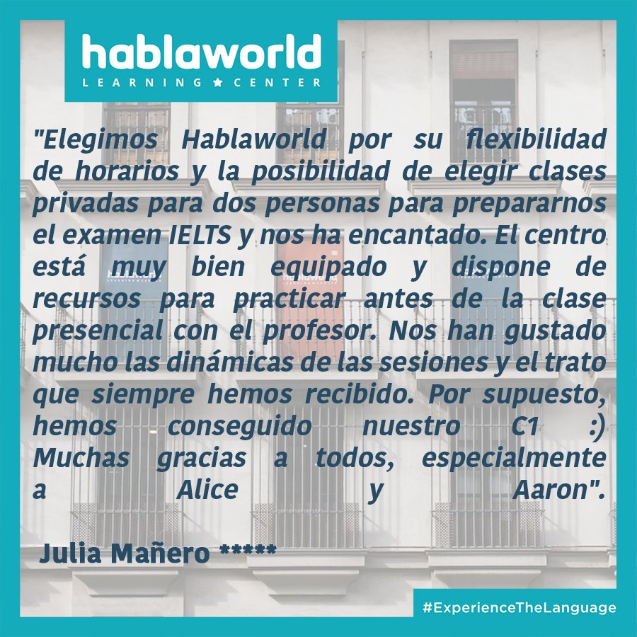 hablaworld's tweet photo. En #Hablaworld somos especialistas en la preparación del #IELTS @takeielts del @BritishCouncil y nuestra #ExperienceTheLanguage es flexible, por eso nos hacen ilusión las palabras de Julia tras conseguir el #C1 😀

👩‍💻 https://t.co/K24lWVBrsF
🗺 Av. Constitución
☎️ 954210056 https://t.co/hmF65TSQxB