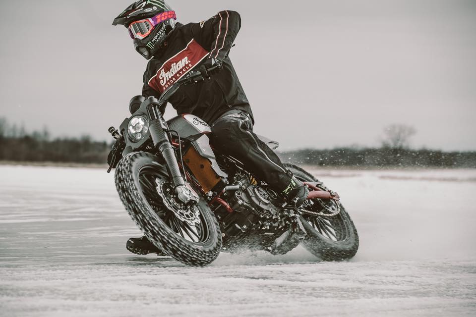Cowboypowerspor's tweet photo. A little ice didn't stop Brad The Bullet Baker from ripping on the Scout #FTR1200 Custom.

#IndianMotorcycle #ProfessionalRider #ClosedCours... https://t.co/95BMvdrZpF